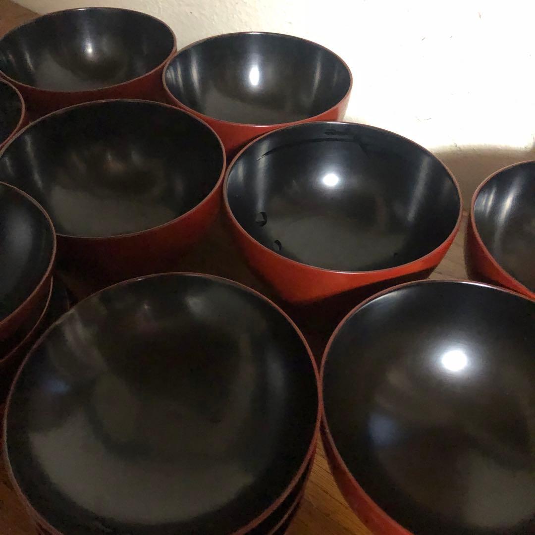 ◆594◆鎌倉彫 漆器蓋付碗 朱塗留内黒 雑煮碗 7客セット
