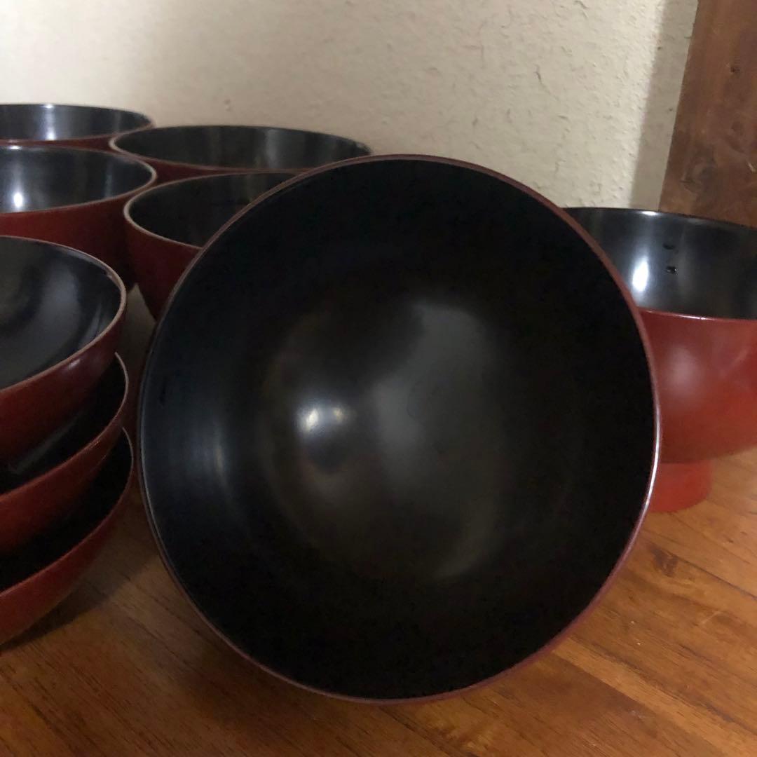 ◆594◆鎌倉彫 漆器蓋付碗 朱塗留内黒 雑煮碗 7客セット