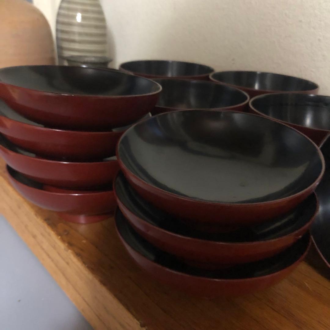 ◆594◆鎌倉彫 漆器蓋付碗 朱塗留内黒 雑煮碗 7客セット