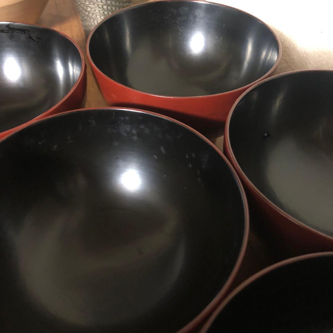◆594◆鎌倉彫 漆器蓋付碗 朱塗留内黒 雑煮碗 7客セット