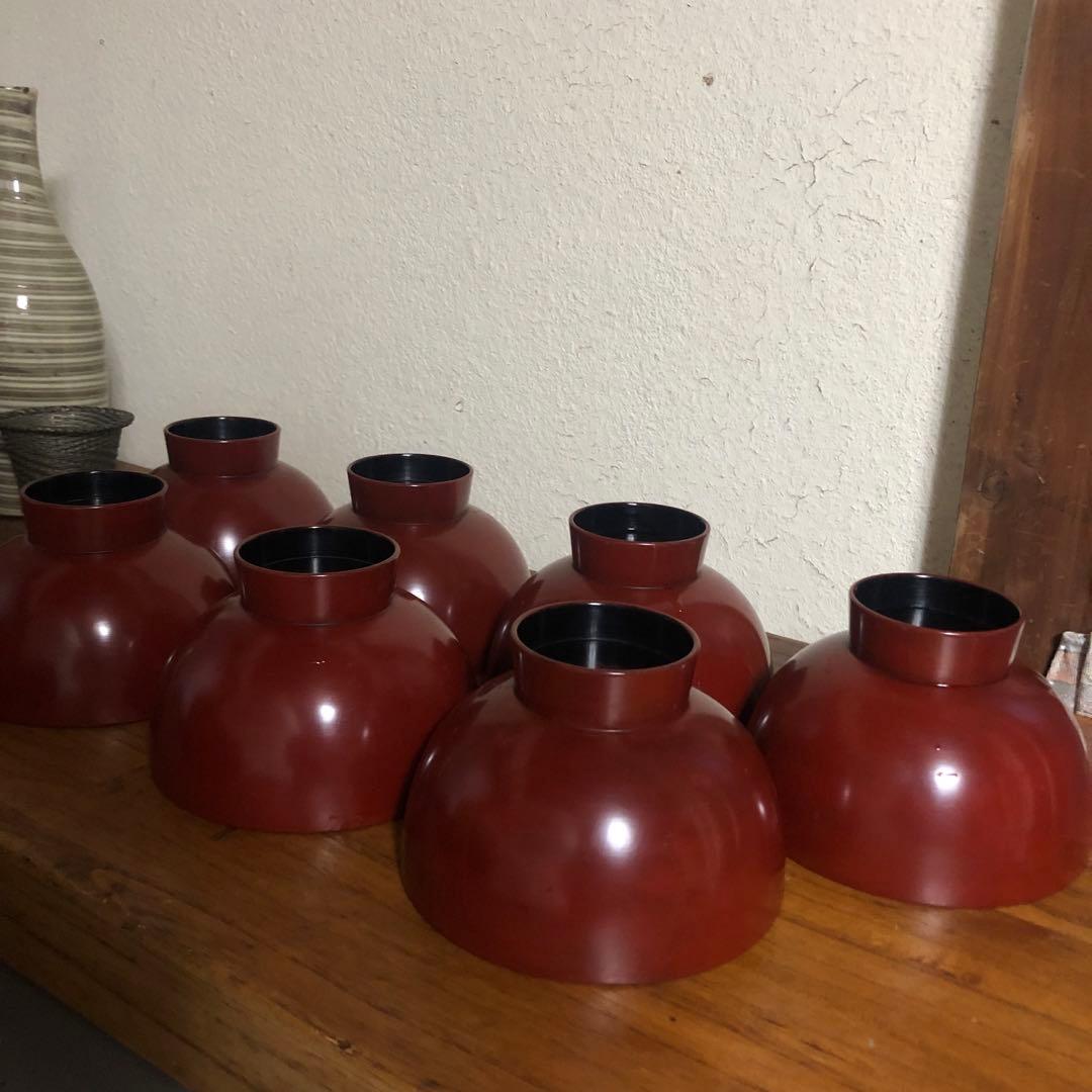 ◆594◆鎌倉彫 漆器蓋付碗 朱塗留内黒 雑煮碗 7客セット