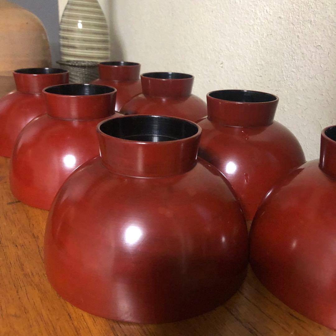 ◆594◆鎌倉彫 漆器蓋付碗 朱塗留内黒 雑煮碗 7客セット