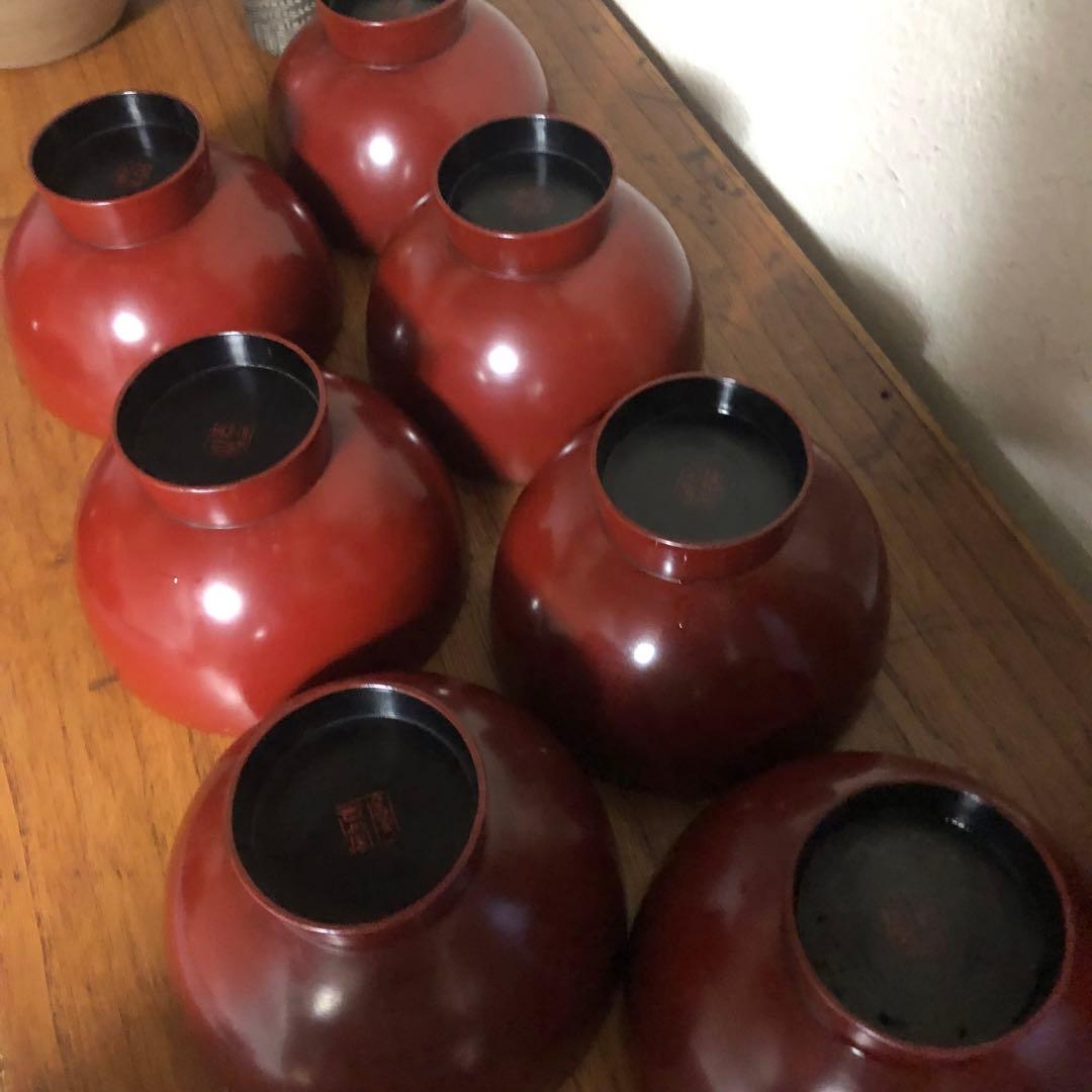 ◆594◆鎌倉彫 漆器蓋付碗 朱塗留内黒 雑煮碗 7客セット