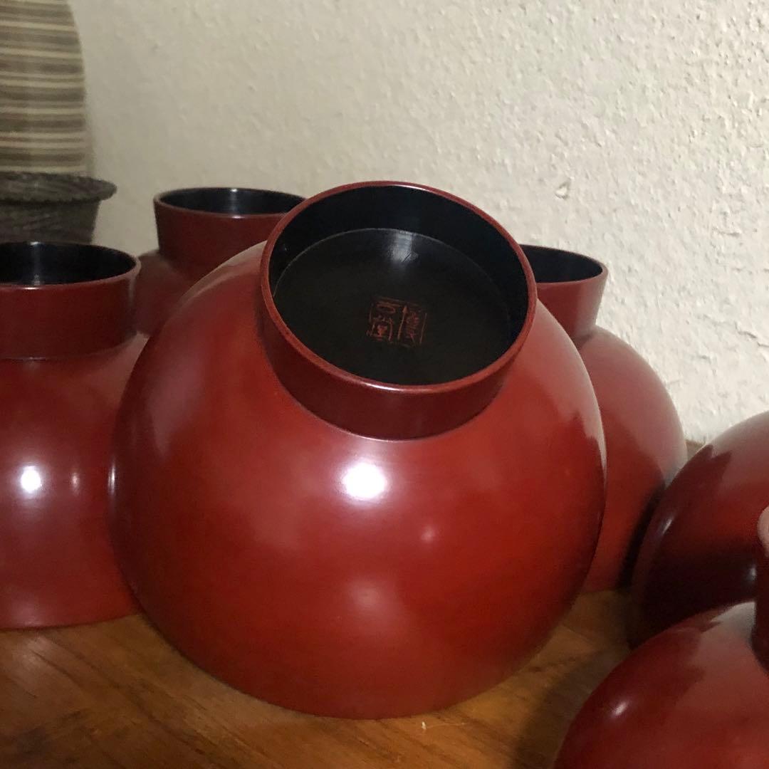 ◆594◆鎌倉彫 漆器蓋付碗 朱塗留内黒 雑煮碗 7客セット