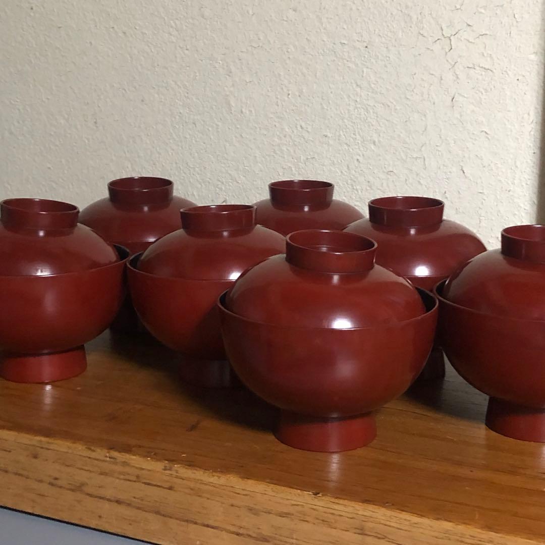 ◆594◆鎌倉彫 漆器蓋付碗 朱塗留内黒 雑煮碗 7客セット