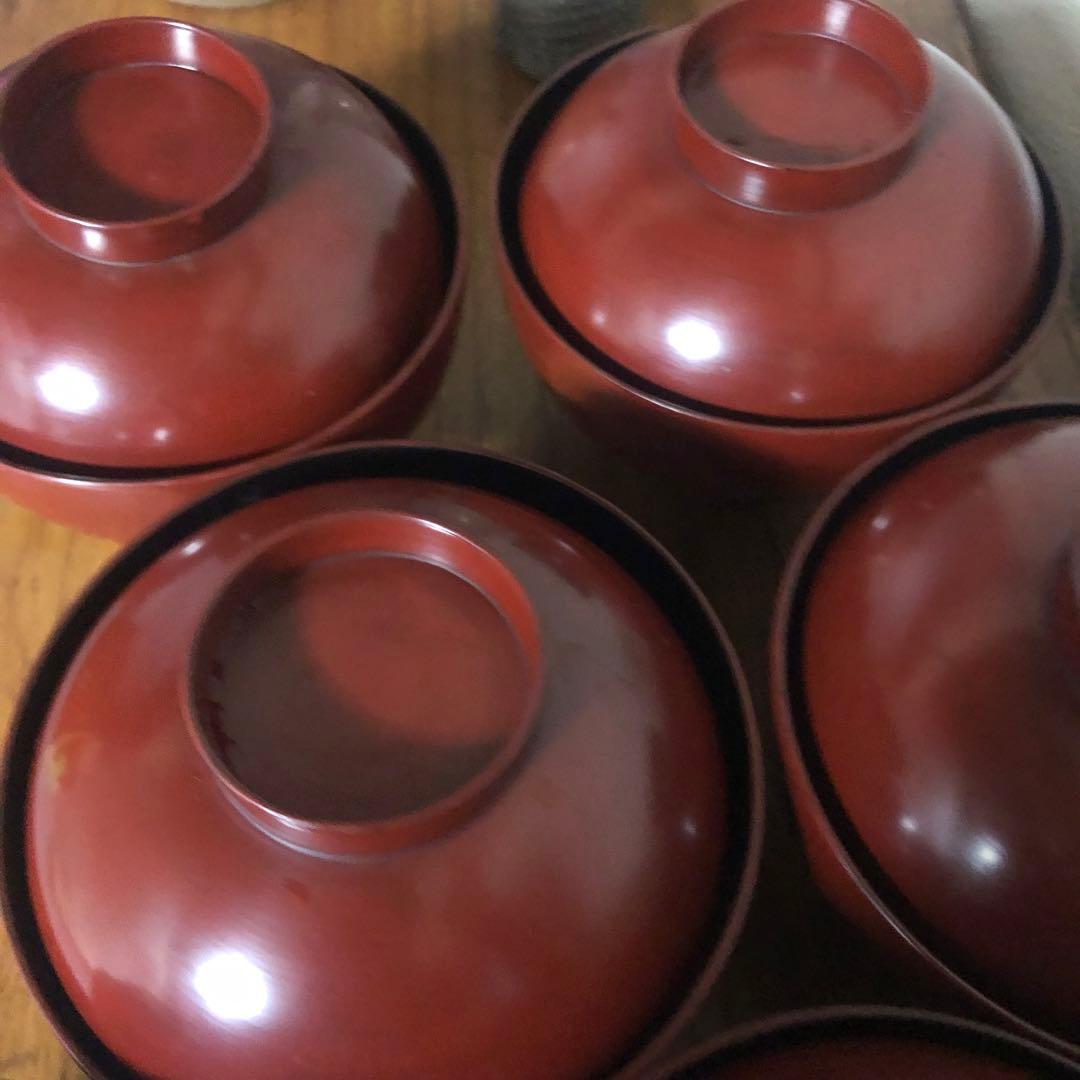 ◆594◆鎌倉彫 漆器蓋付碗 朱塗留内黒 雑煮碗 7客セット