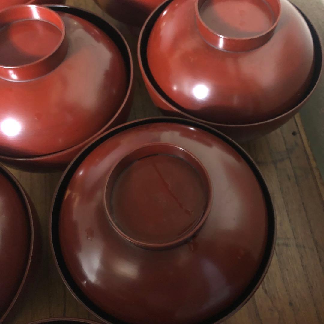 ◆594◆鎌倉彫 漆器蓋付碗 朱塗留内黒 雑煮碗 7客セット