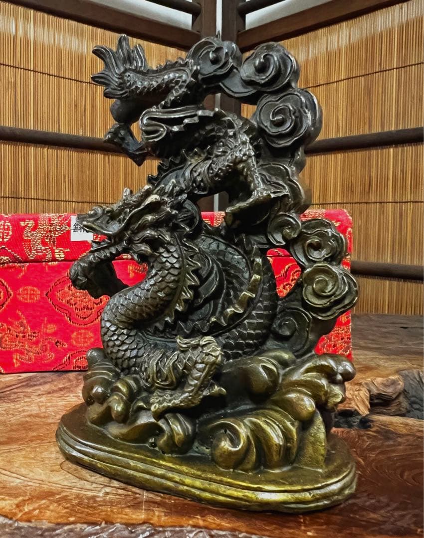 中国美術 時代 銅製 龍雲遊波紋 共箱