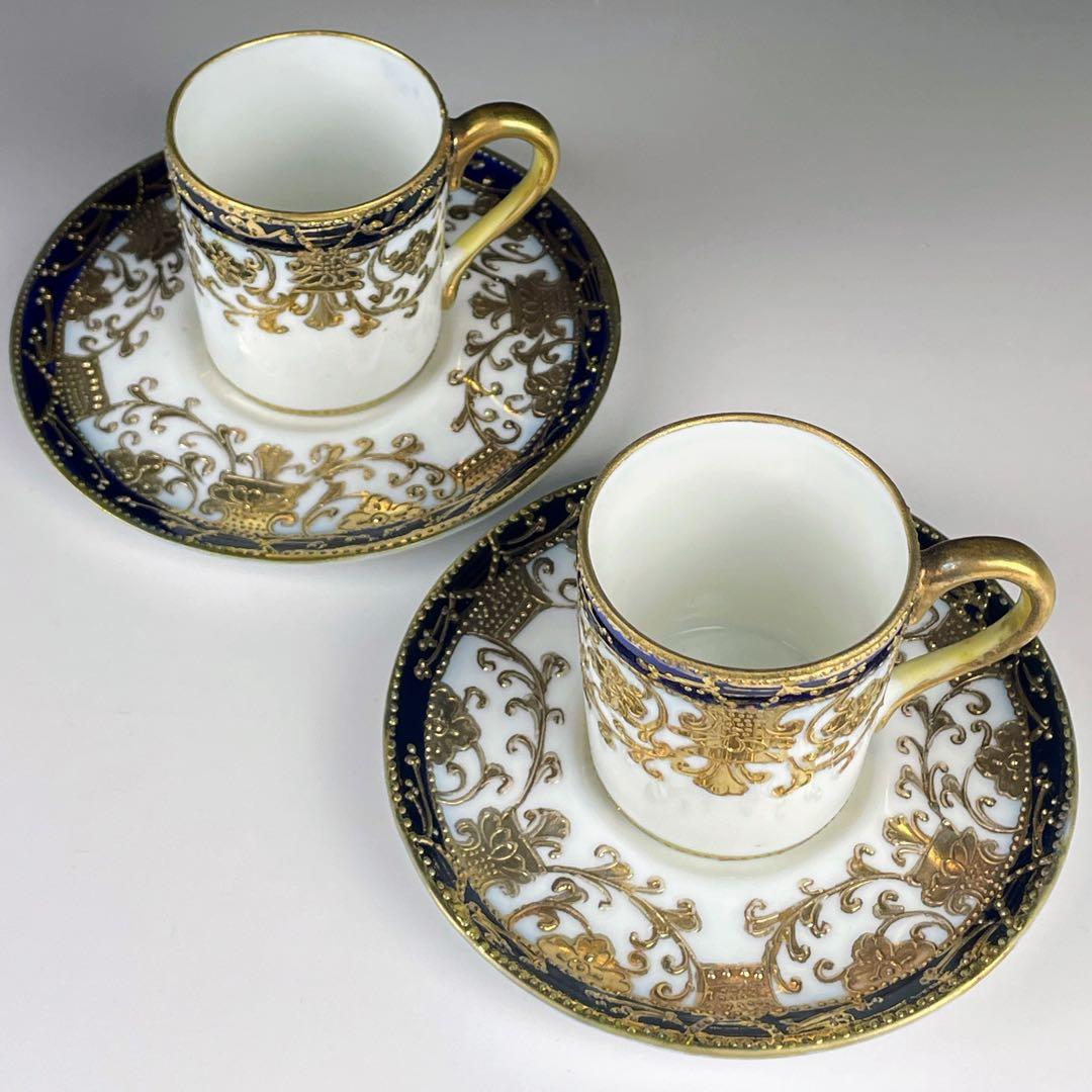 オールドノリタケ 金盛り カップ＆ソーサー ２客 メープルリーフ アンティーク