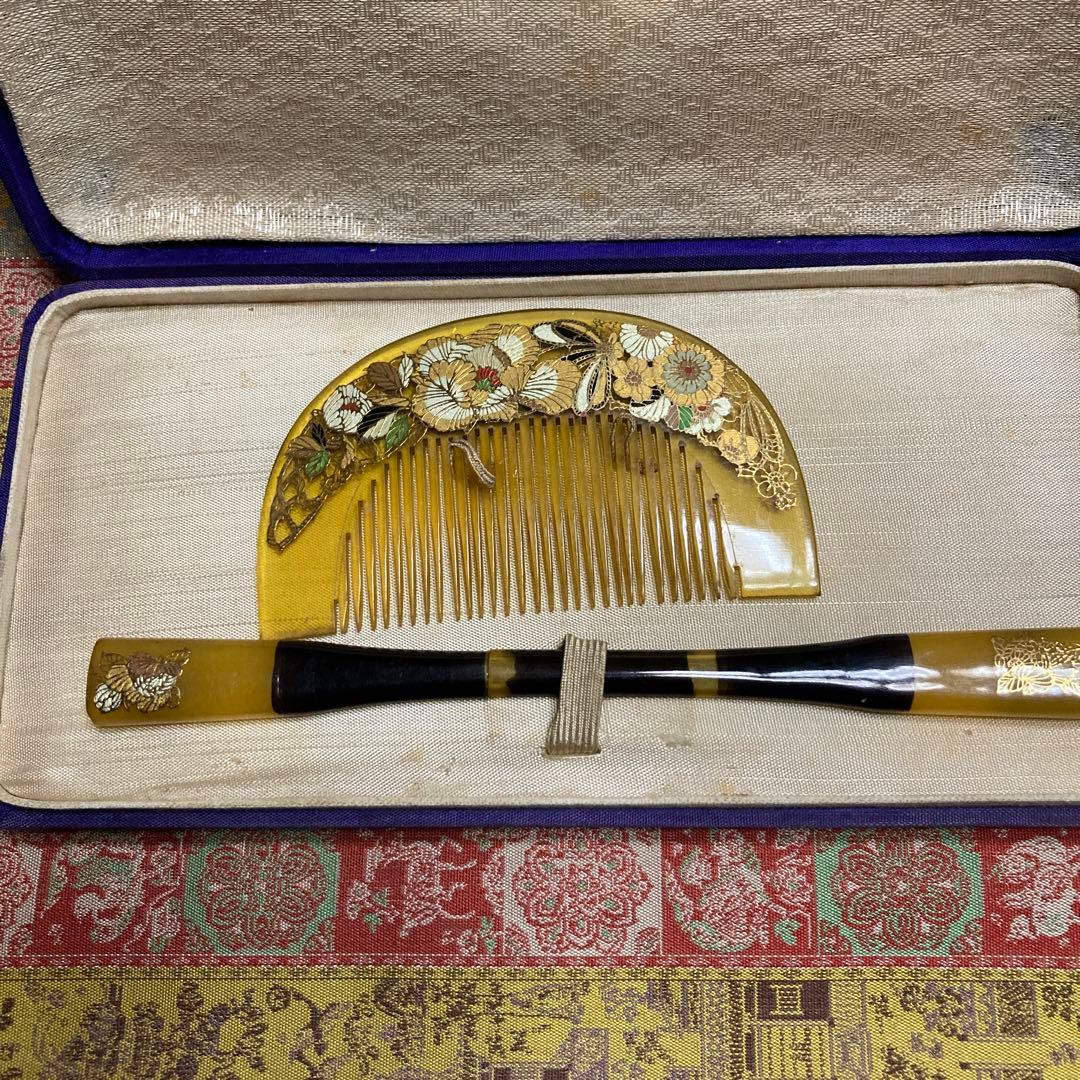 金象嵌細工 花蝶図 櫛 簪 セット K18象嵌　箱10×20cm