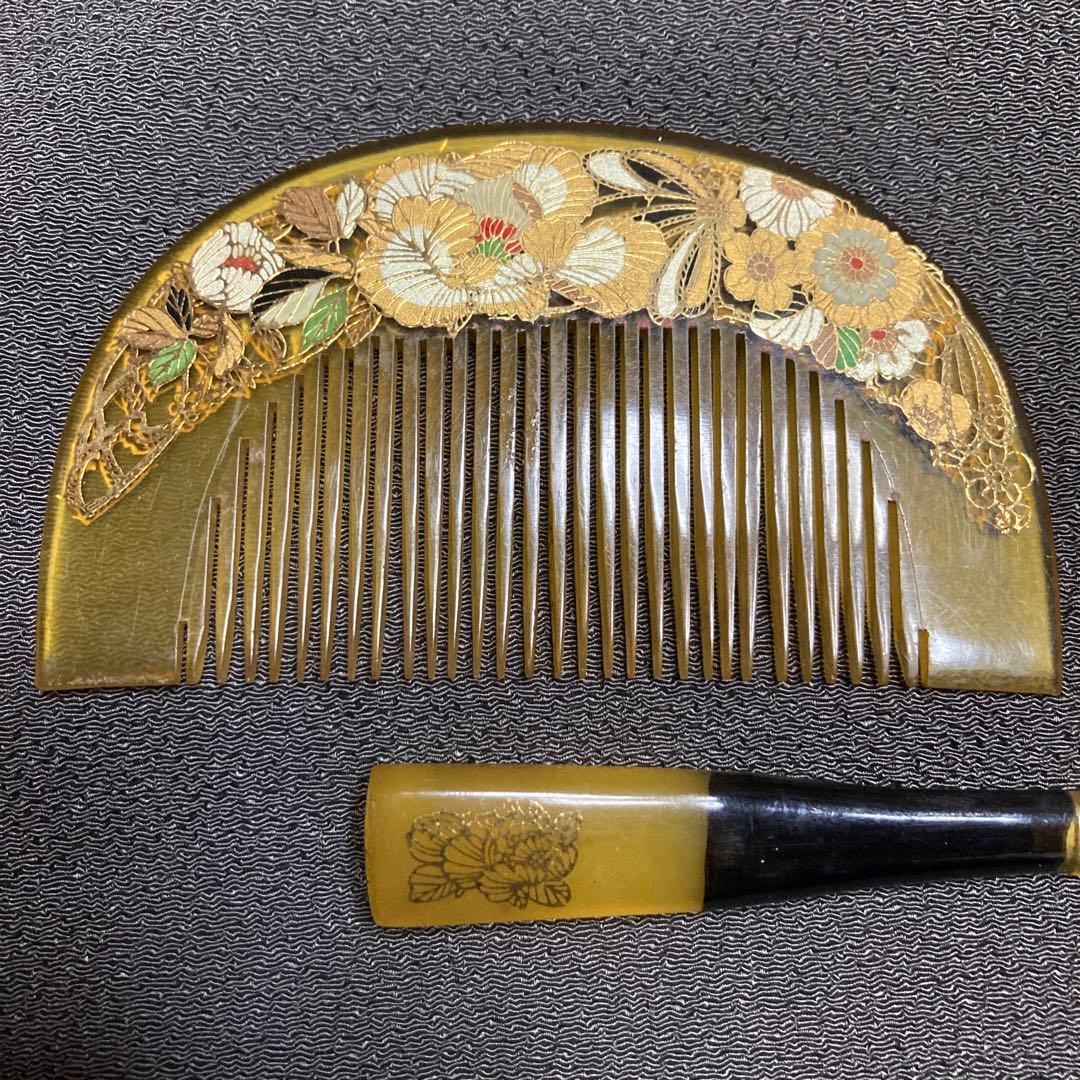 金象嵌細工 花蝶図 櫛 簪 セット K18象嵌　箱10×20cm