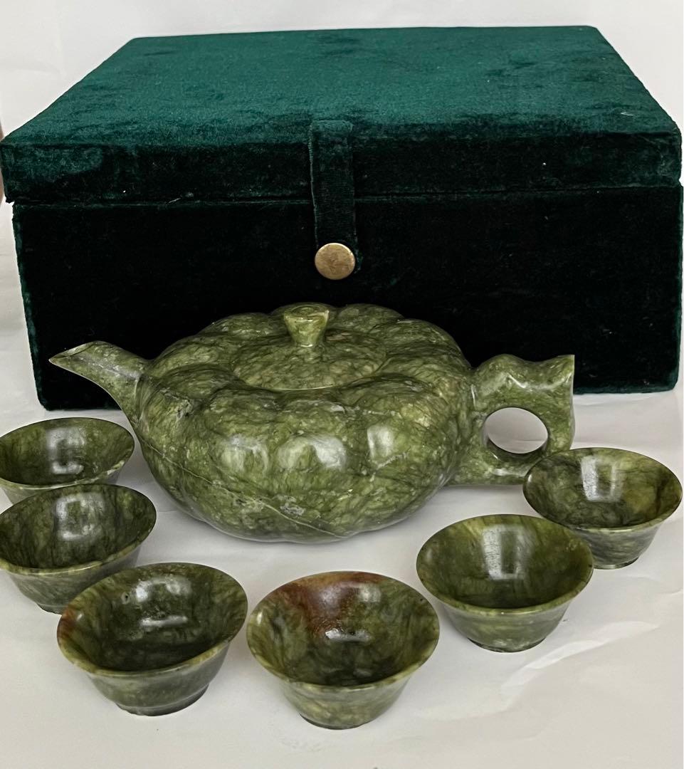 玉製（南方碧玉）茶道具　茶器揃 急須 茶碗 ５点　時代物
