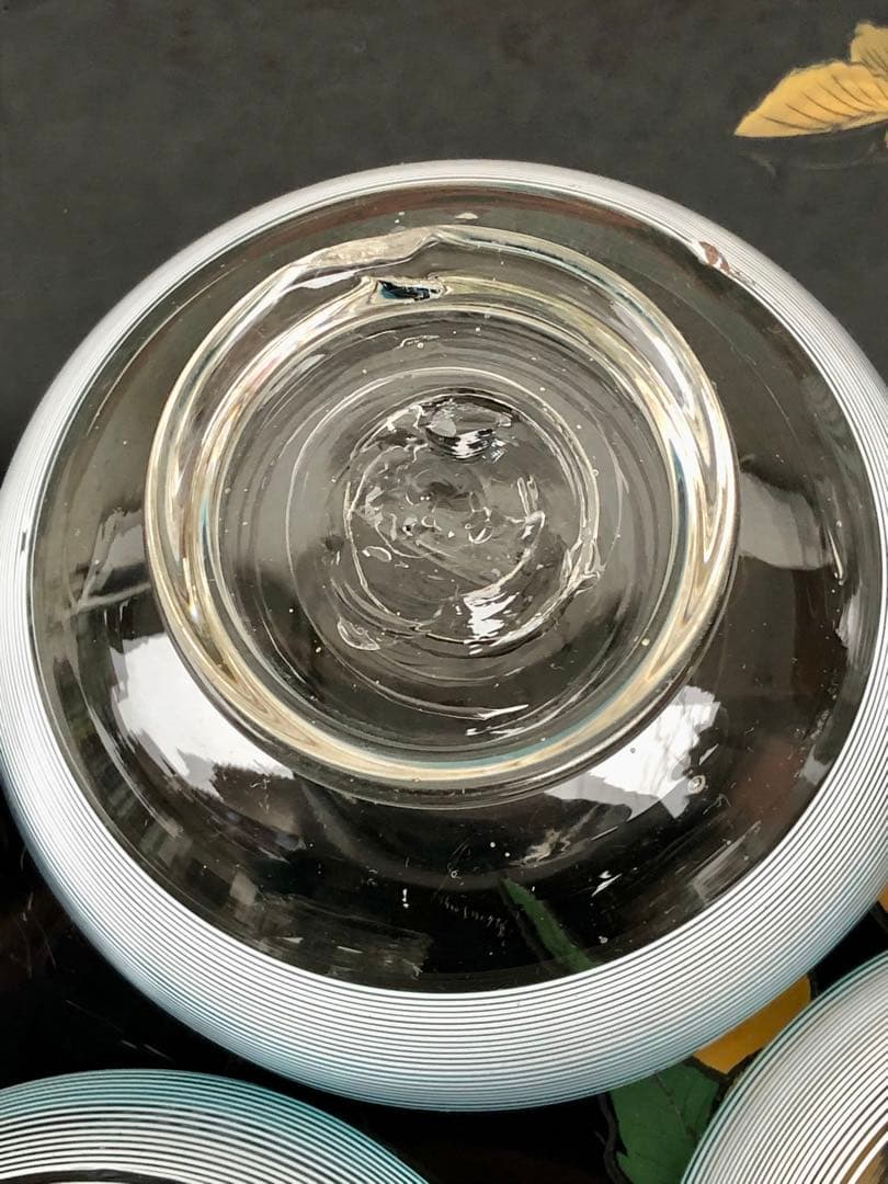 氷コップ 大正 吹きガラス ブルーに白い螺旋文様 ガラス鉢 氷カップ レトロ