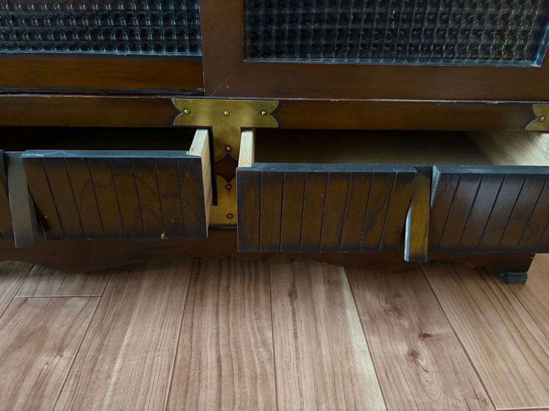 レトロ 木製水屋箪笥 隠し引出し チェッカーガラス ヴィンテージ キャビネット