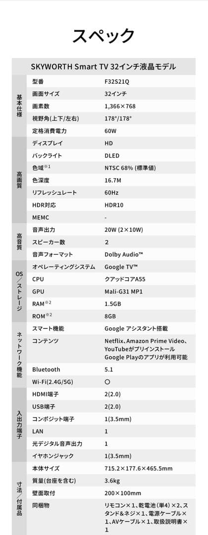 ひ*ろ様 【送料無料】SKYWORTH スマートテレビ F32S21Q 2025