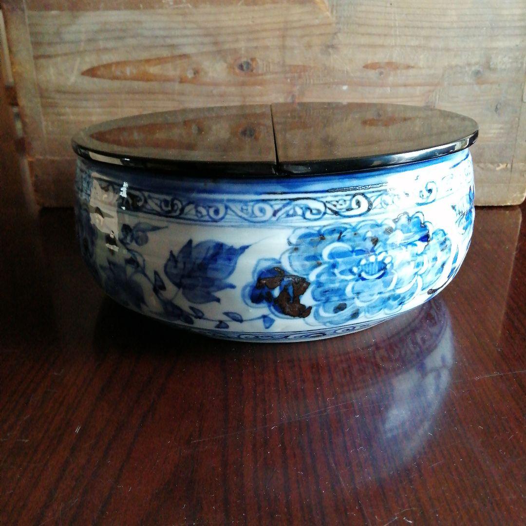 瀬戸焼　加藤偉三　桃山子　染付魚紋大平水指　29.5cm