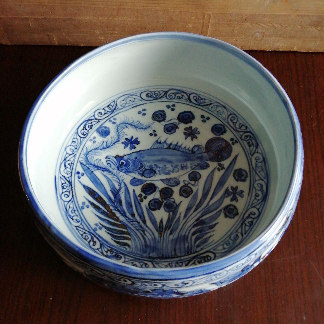 瀬戸焼　加藤偉三　桃山子　染付魚紋大平水指　29.5cm