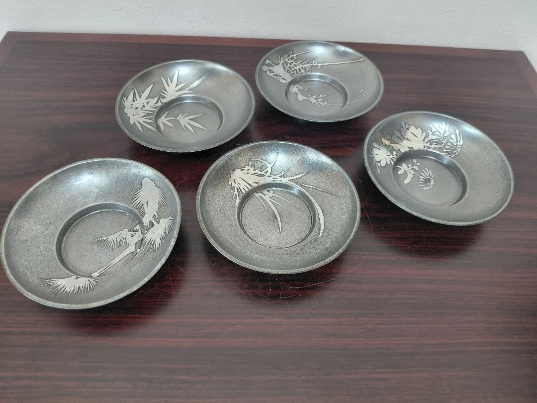 錫製 茶器セット 急須 茶托5客 建水 茶壺 箱付 煎茶道具 茶道具