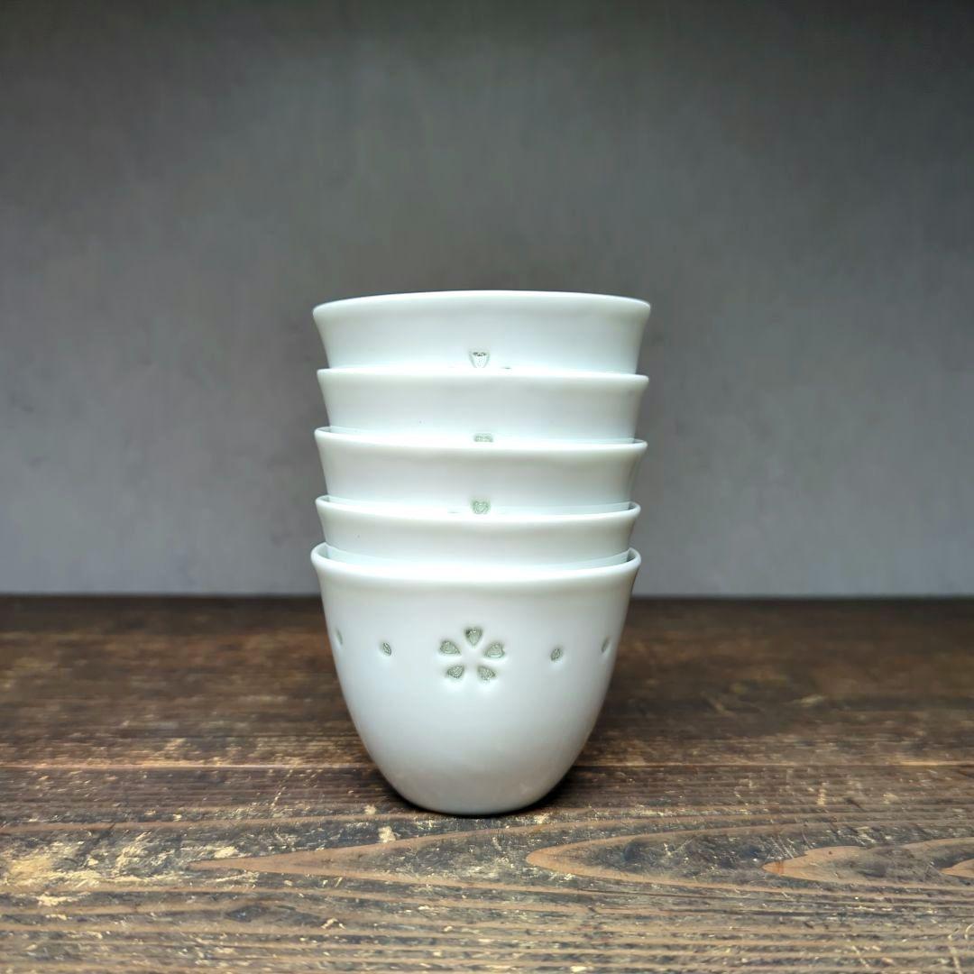 波佐見焼　丹心窯　水晶彫　茶道具　茶器　白磁湯飲み　煎茶碗　5客揃