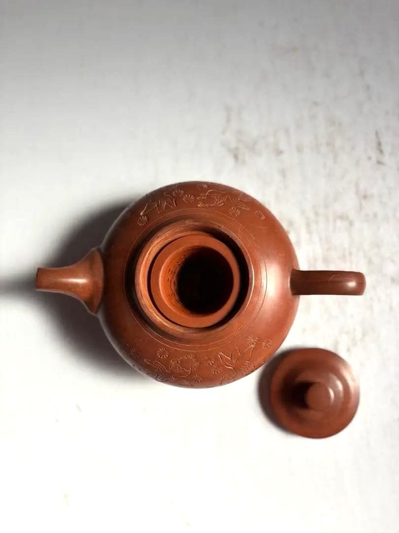 945 中国宜興紫砂茶壺 金魚彫 朱泥急須 中国茶器 台湾茶器 ヴィンテージ