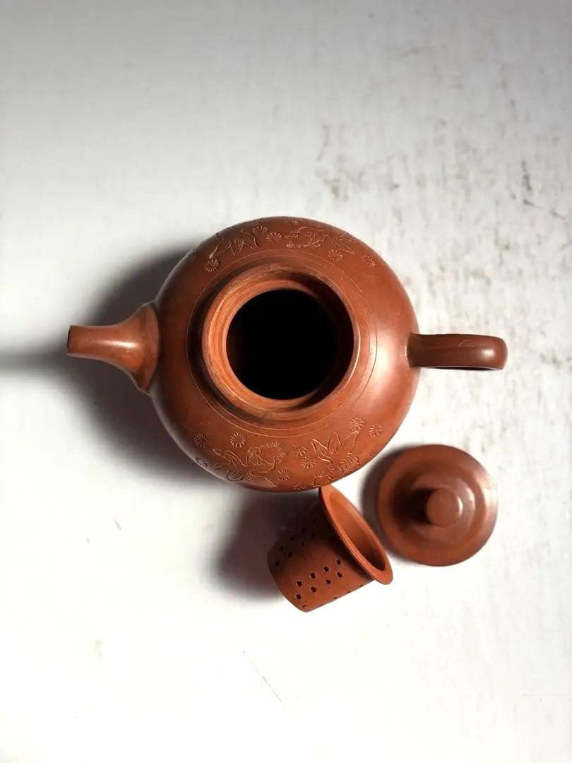 945 中国宜興紫砂茶壺 金魚彫 朱泥急須 中国茶器 台湾茶器 ヴィンテージ
