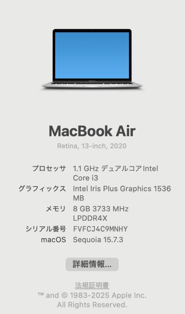 【美品】MacBook Air 2020 13インチ i3 8GB 256GB