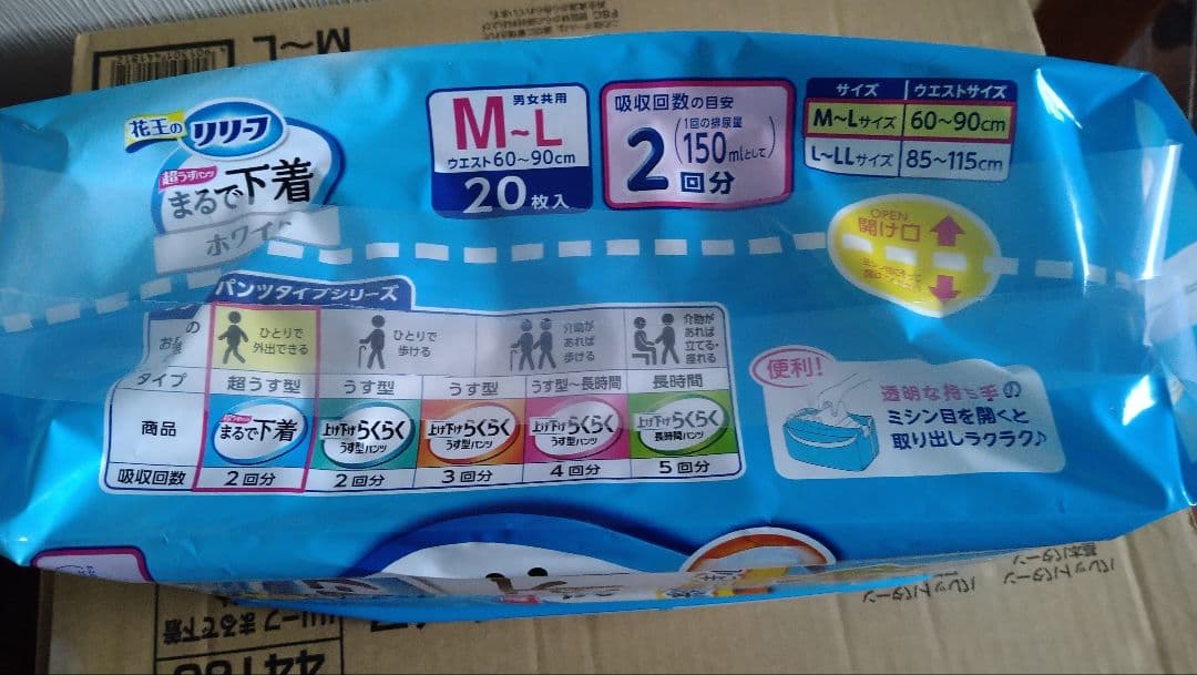 花王リリーフまるで下着M〜L1箱20枚入り6パック＝合計120枚