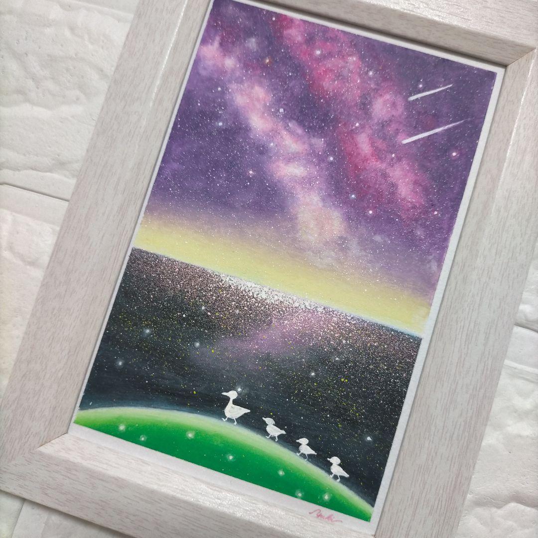 星降る夜 カルガモ親子の散歩 オイルパステル画 海の風景原画ハガキサイズ #33
