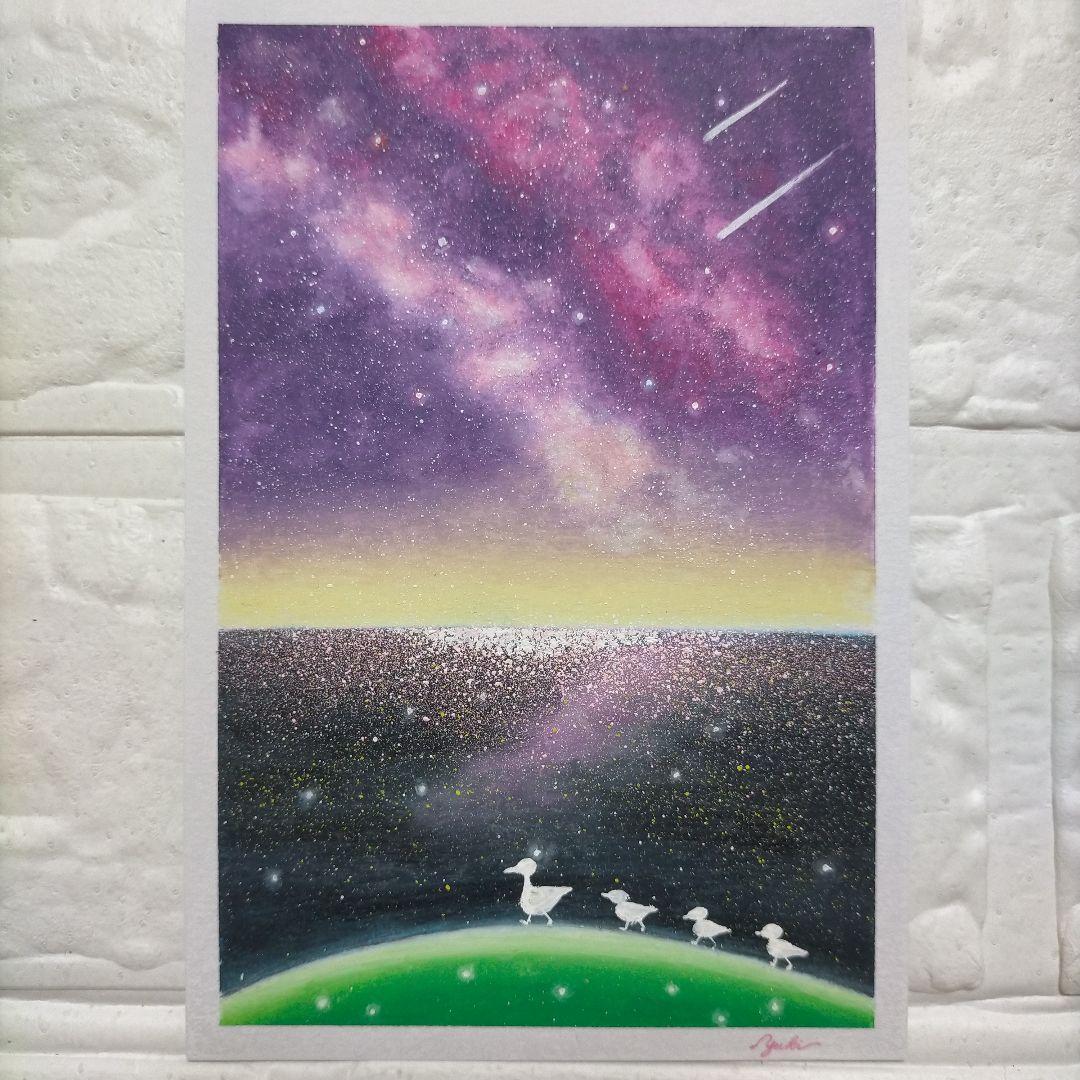 星降る夜 カルガモ親子の散歩 オイルパステル画 海の風景原画ハガキサイズ #33