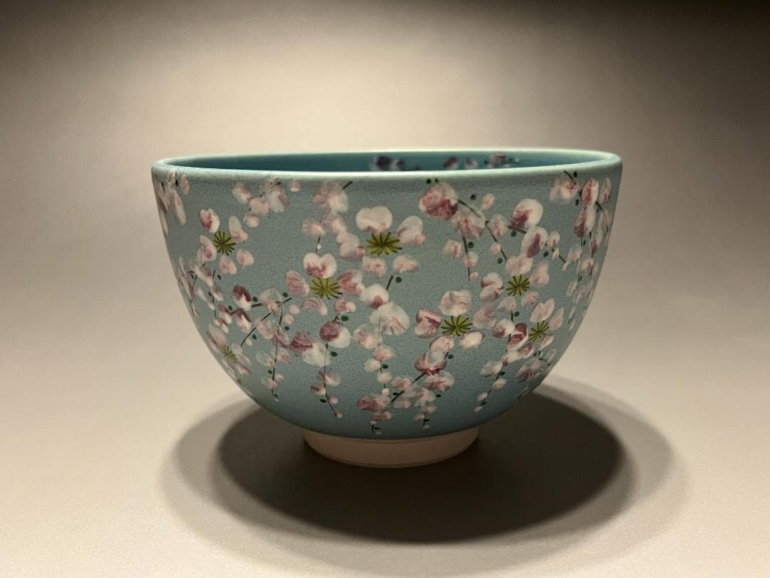 加藤永山　茶碗　トルコ青釉　枝垂桜　茶道具