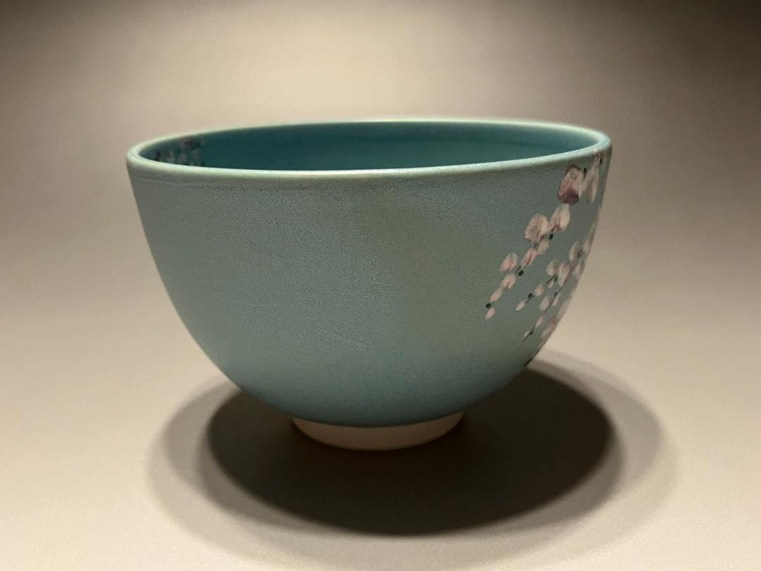 加藤永山　茶碗　トルコ青釉　枝垂桜　茶道具
