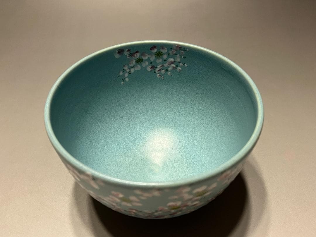 加藤永山　茶碗　トルコ青釉　枝垂桜　茶道具