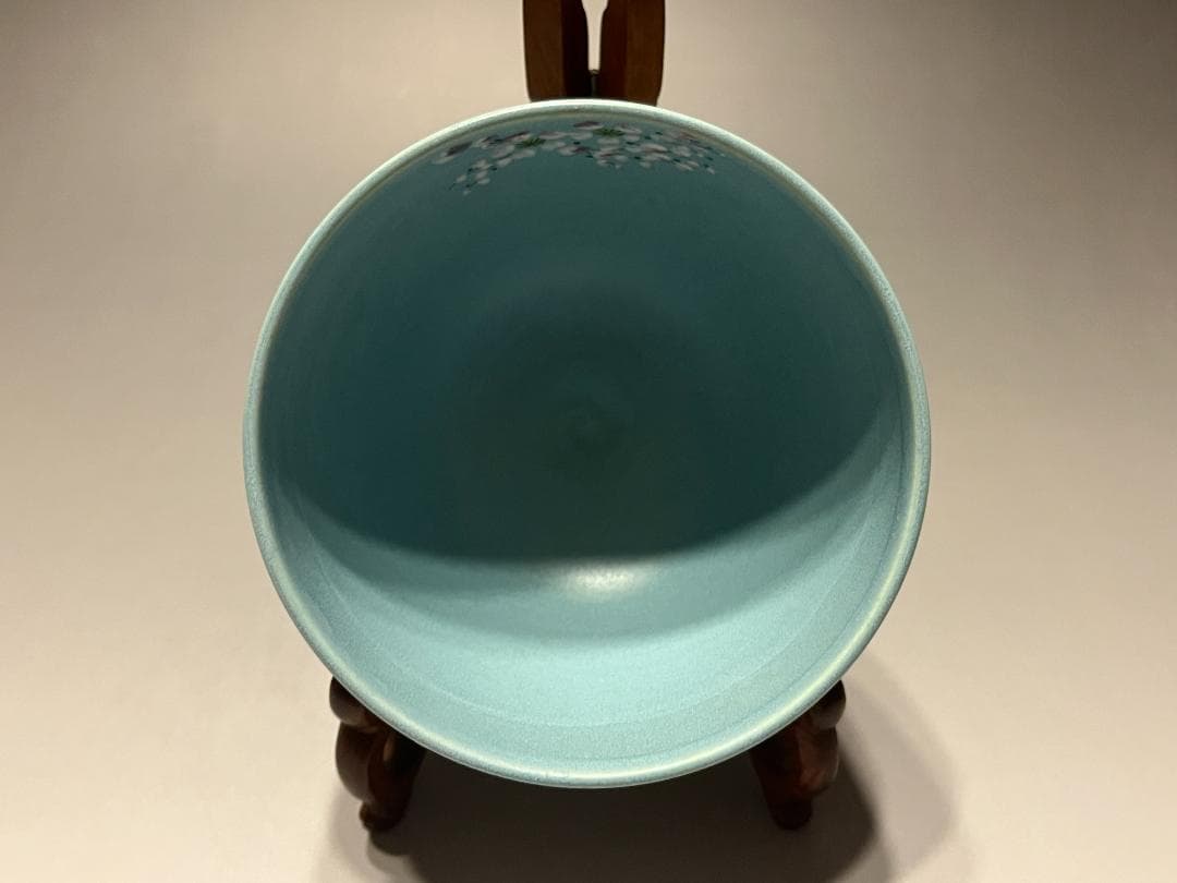加藤永山　茶碗　トルコ青釉　枝垂桜　茶道具
