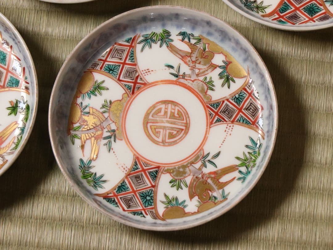 【CM20】古伊万里 竹鳥図 色絵 小皿 五客 11.9cm 小紋 錦手 金彩