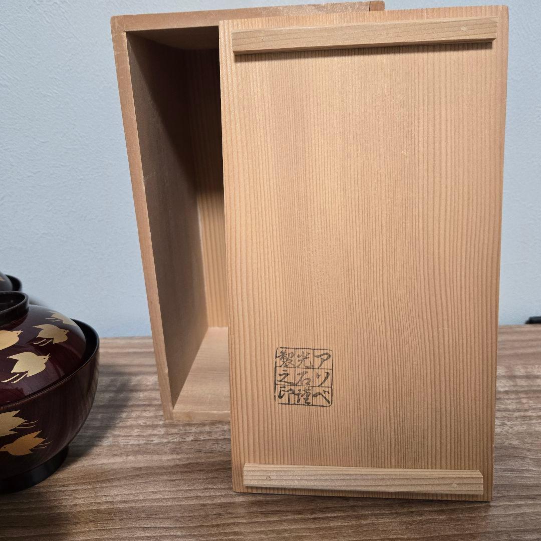 漆器 椀 木目 5個セット 赤褐色 金色の鳥