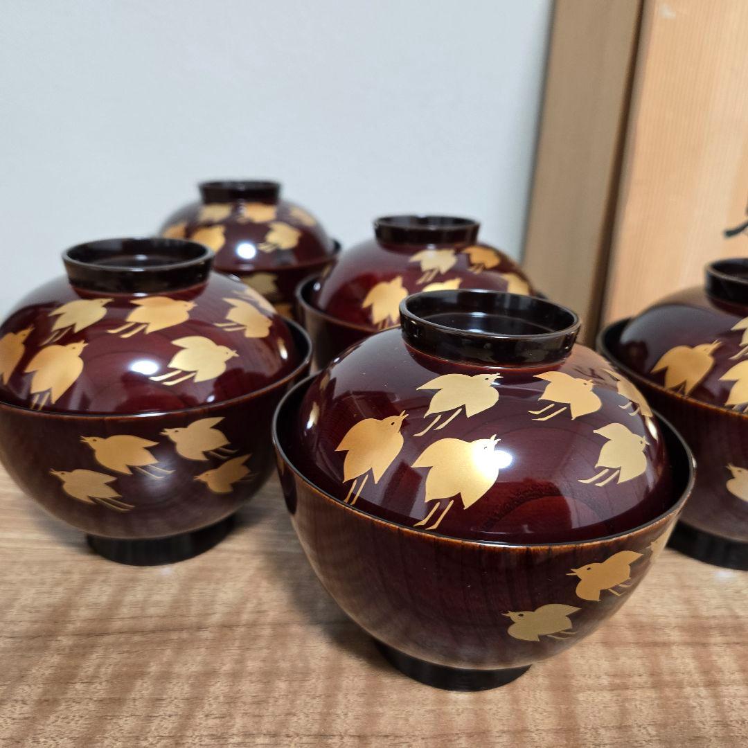 漆器 椀 木目 5個セット 赤褐色 金色の鳥