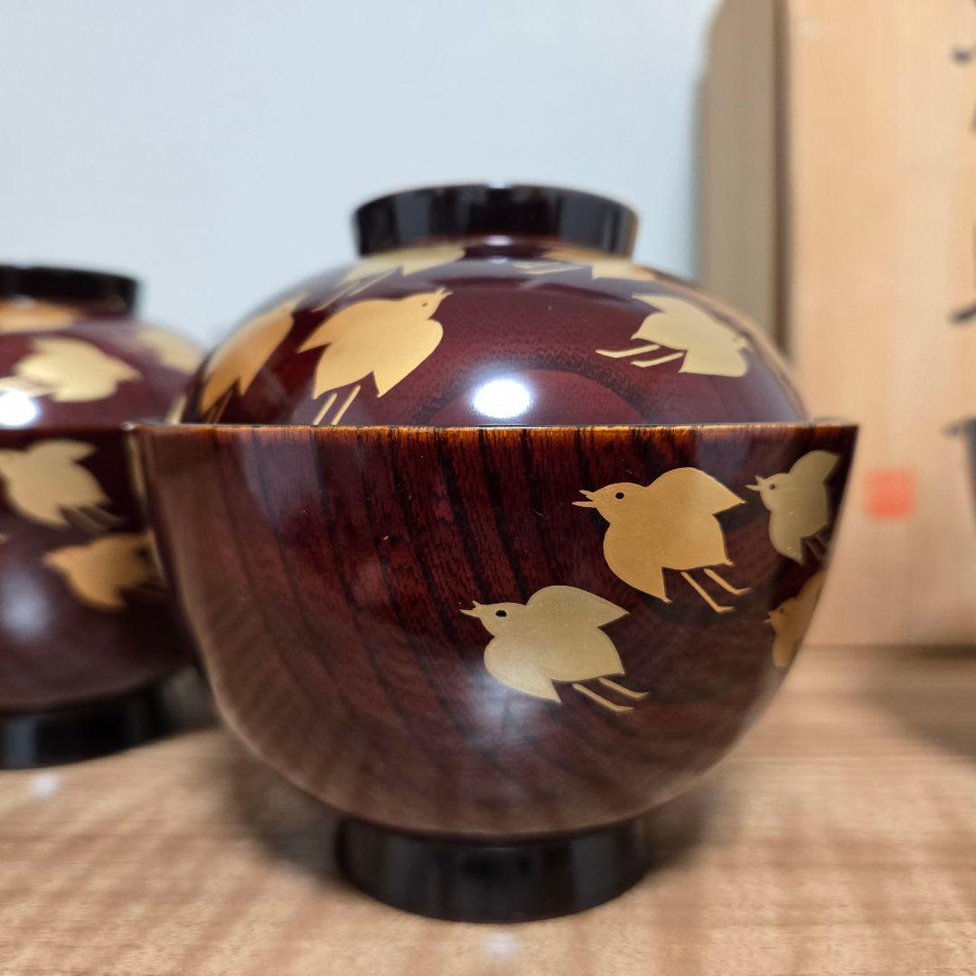 漆器 椀 木目 5個セット 赤褐色 金色の鳥