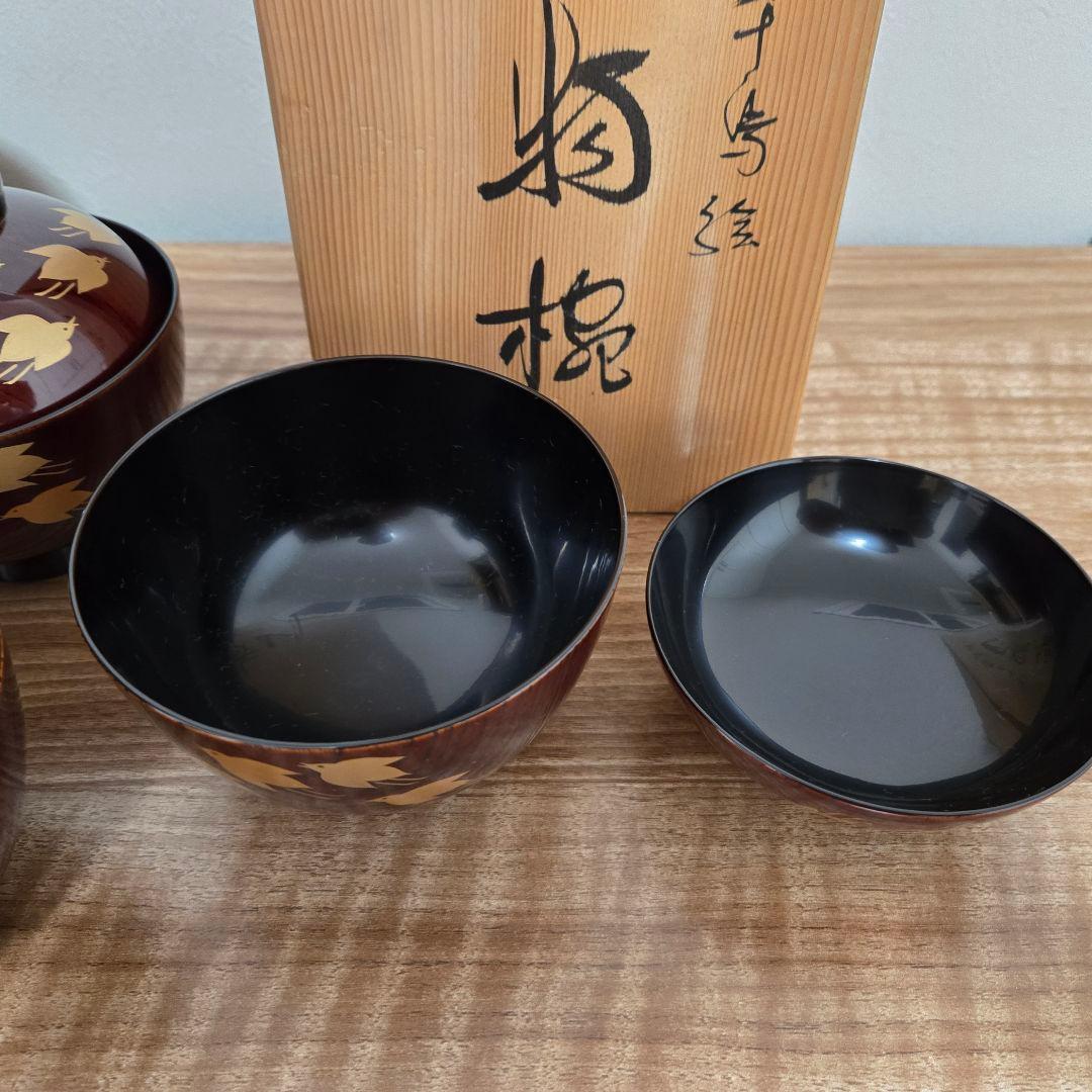 漆器 椀 木目 5個セット 赤褐色 金色の鳥