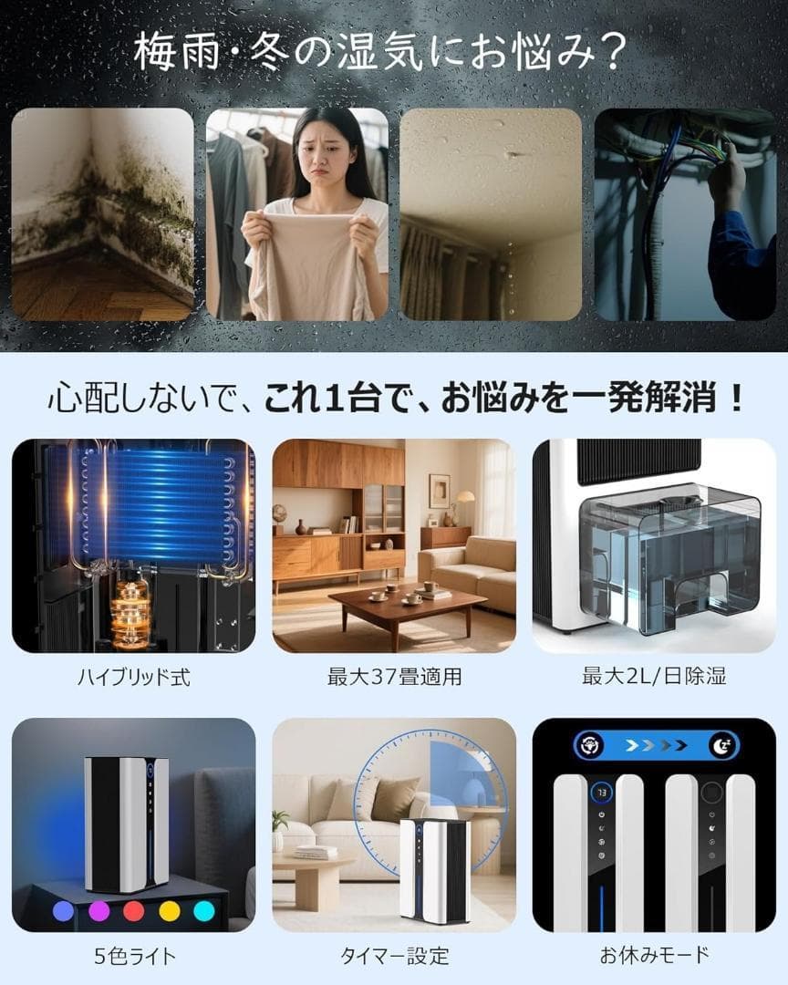 最低価格❣ 除湿機 ハイブリッドタイプ 大容量3L 最大2L/日 白 1455