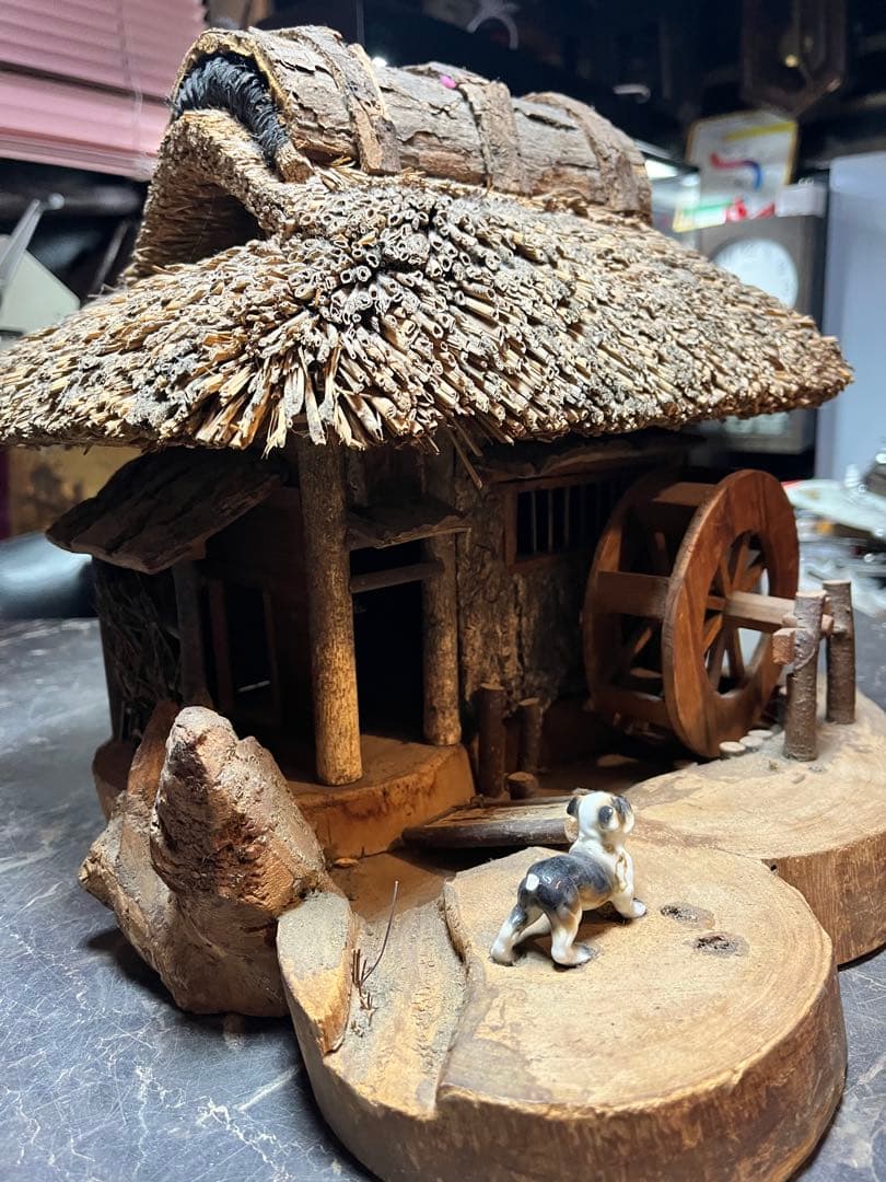 昭和 レトロ 茅葺屋根 、古民家 、木製模型家屋 、35cm、民家 、水車小屋、