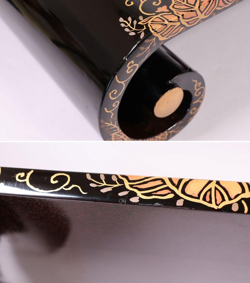 木製 漆塗 巻足 平卓 花台 桐唐草と波千鳥蒔絵 黒塗 花台【MB314】