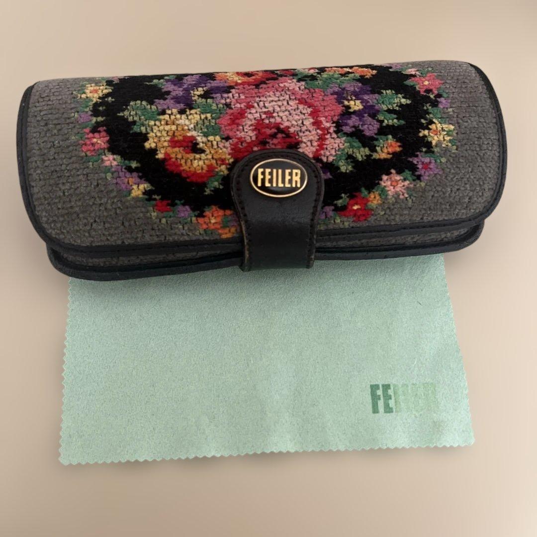 美品・レア柄✨FEILER フェイラー メガネケース 花柄×グレー メガネ拭き有
