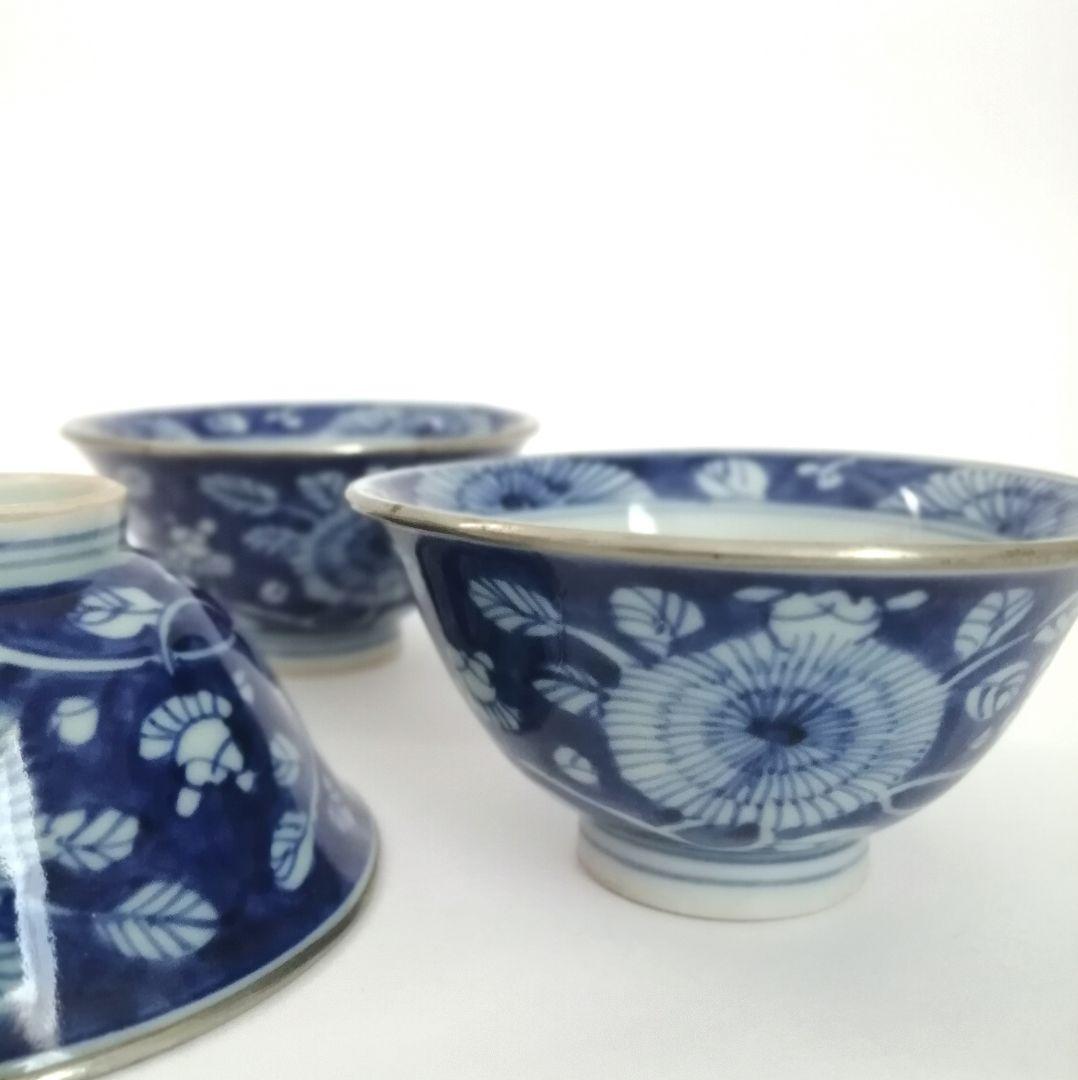 古染付　清朝　青花　銀覆輪　菊花図　煎茶碗　３客