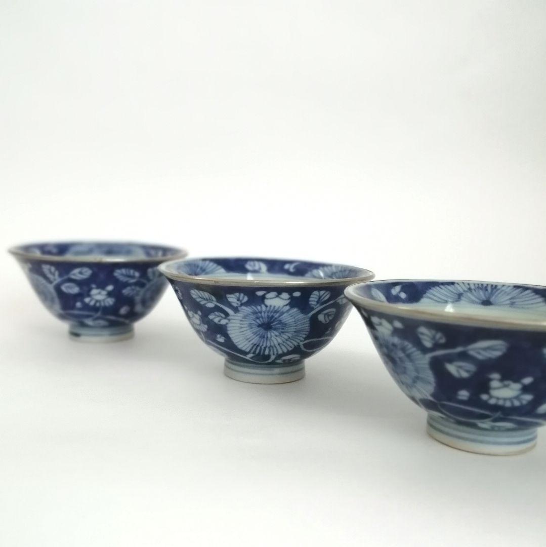 古染付　清朝　青花　銀覆輪　菊花図　煎茶碗　３客
