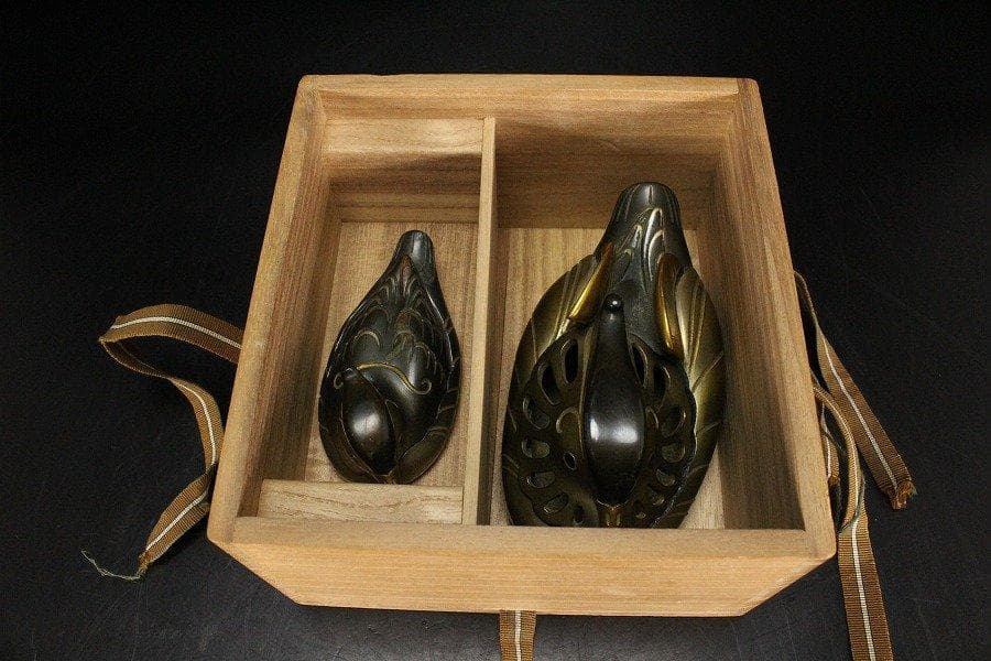 名品 金工 楽雲作 在銘 鴛鴦 香炉 香合 丹金書箱 旧家蔵出