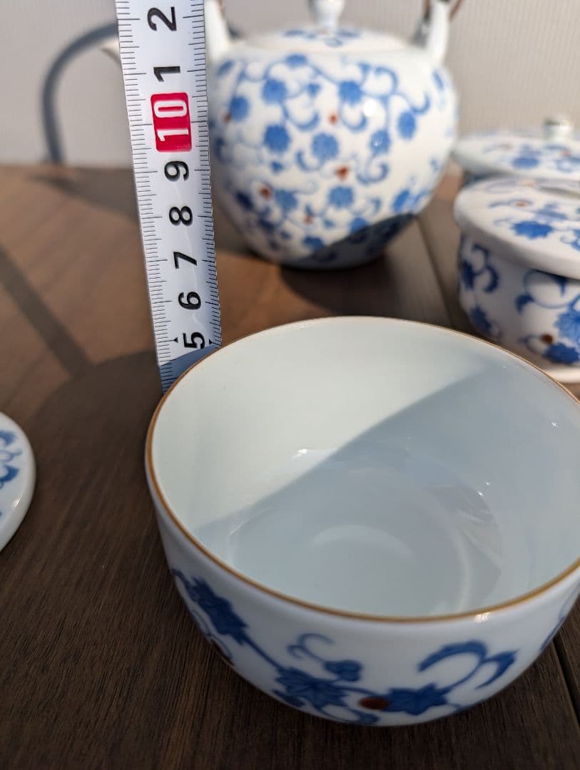 深川製磁 染付唐草文 煎茶器揃 急須 蓋付茶碗 五客 富士山印 有田焼