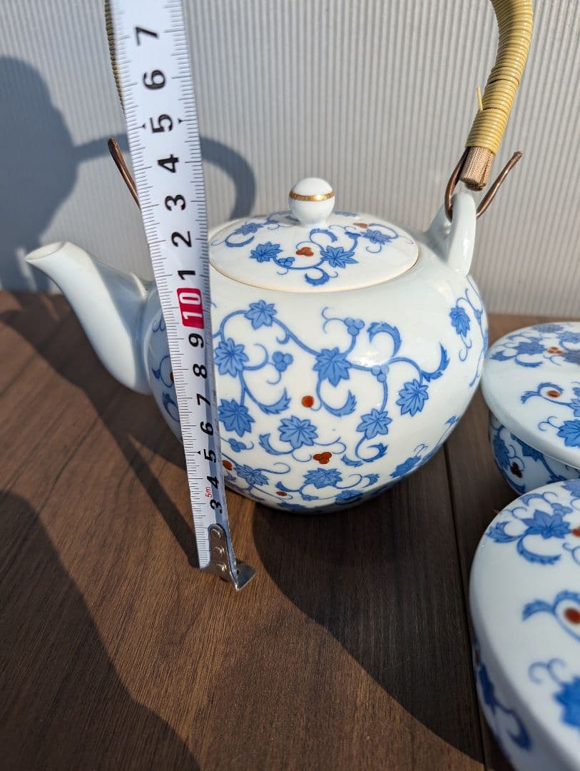 深川製磁 染付唐草文 煎茶器揃 急須 蓋付茶碗 五客 富士山印 有田焼