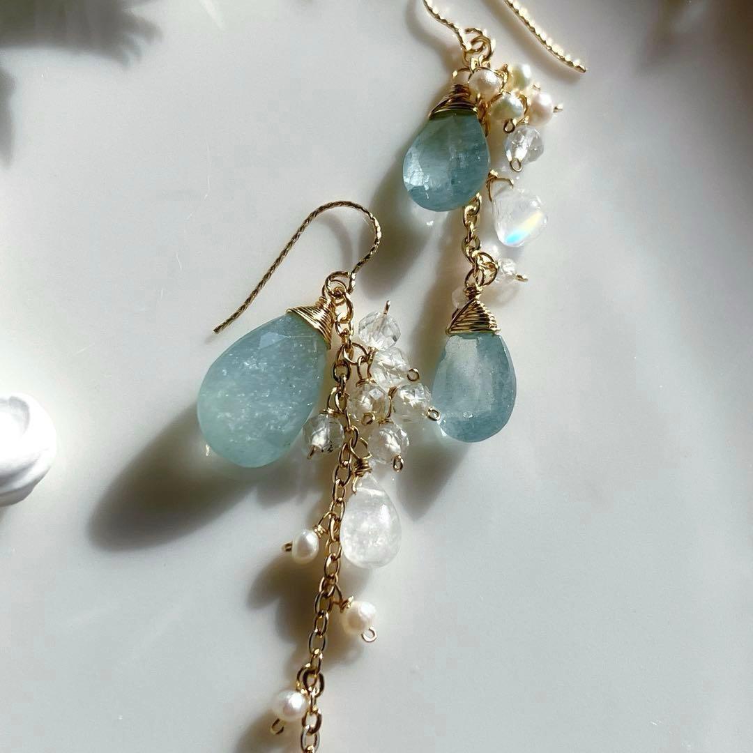 ねこあし◆希少✧シンデレラアクアマリンアシンメトリーピアス✧14kgf