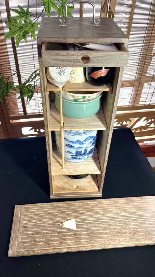 茶道具　未使用 短冊箱 焼桐製お点前揃付未使用 靖桐　飛び青磁 松樂与平 在銘