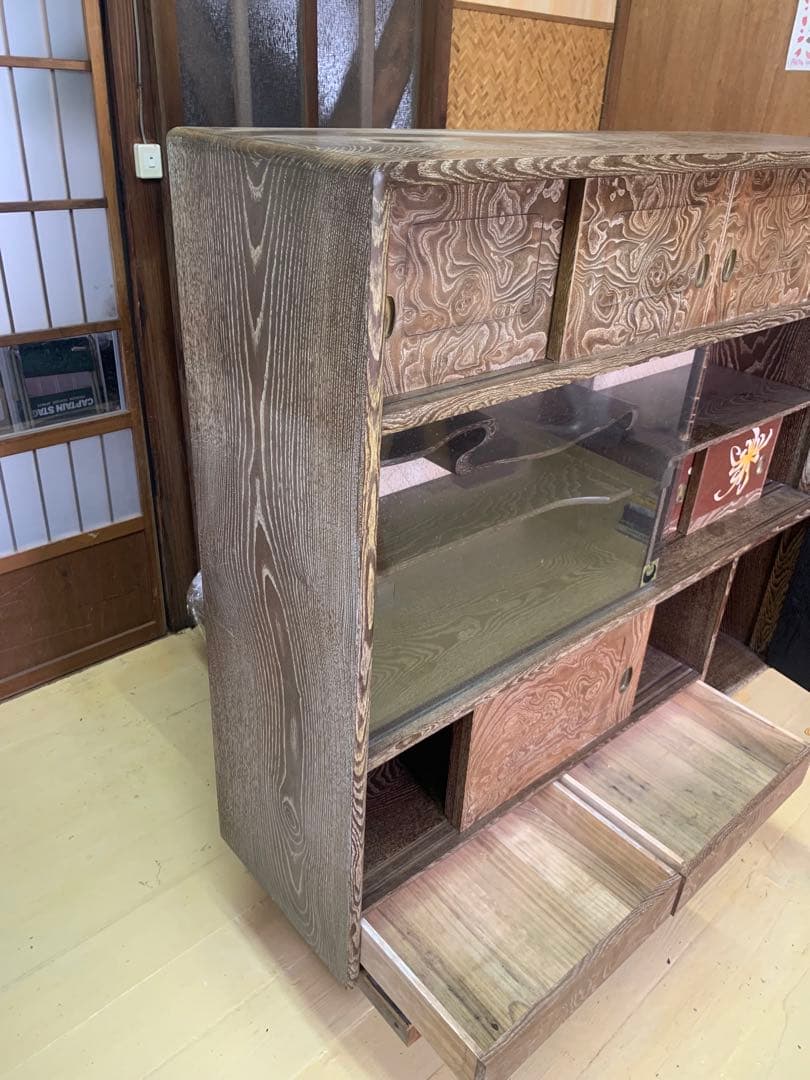 しい木目の昭和レトロ茶箪笥　和家具　木製　一体型